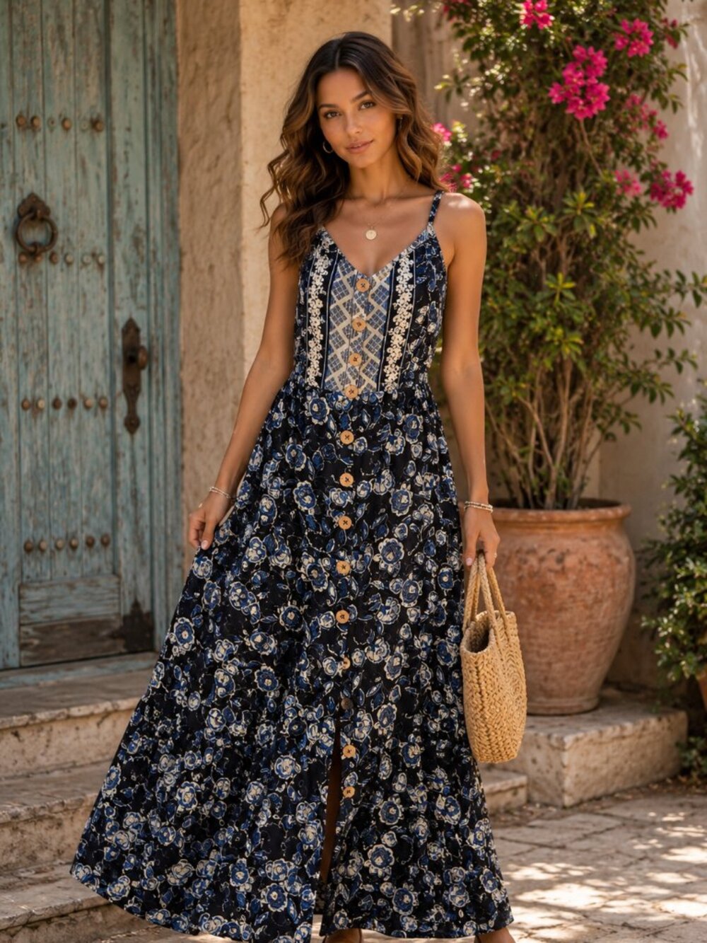 ANGIE Floral Button Front Maxi Dress | Size Medium | Boho Open Back